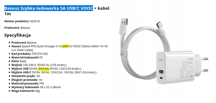 Baseusładowarka 5A USB C VOOC